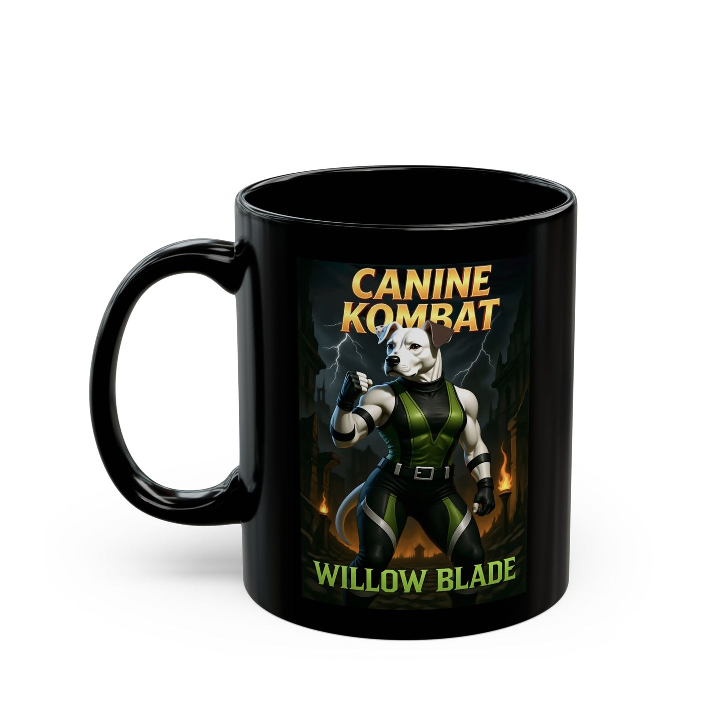 "Canine Kombat - Willow Blade" Black Mug (11oz, 15oz)