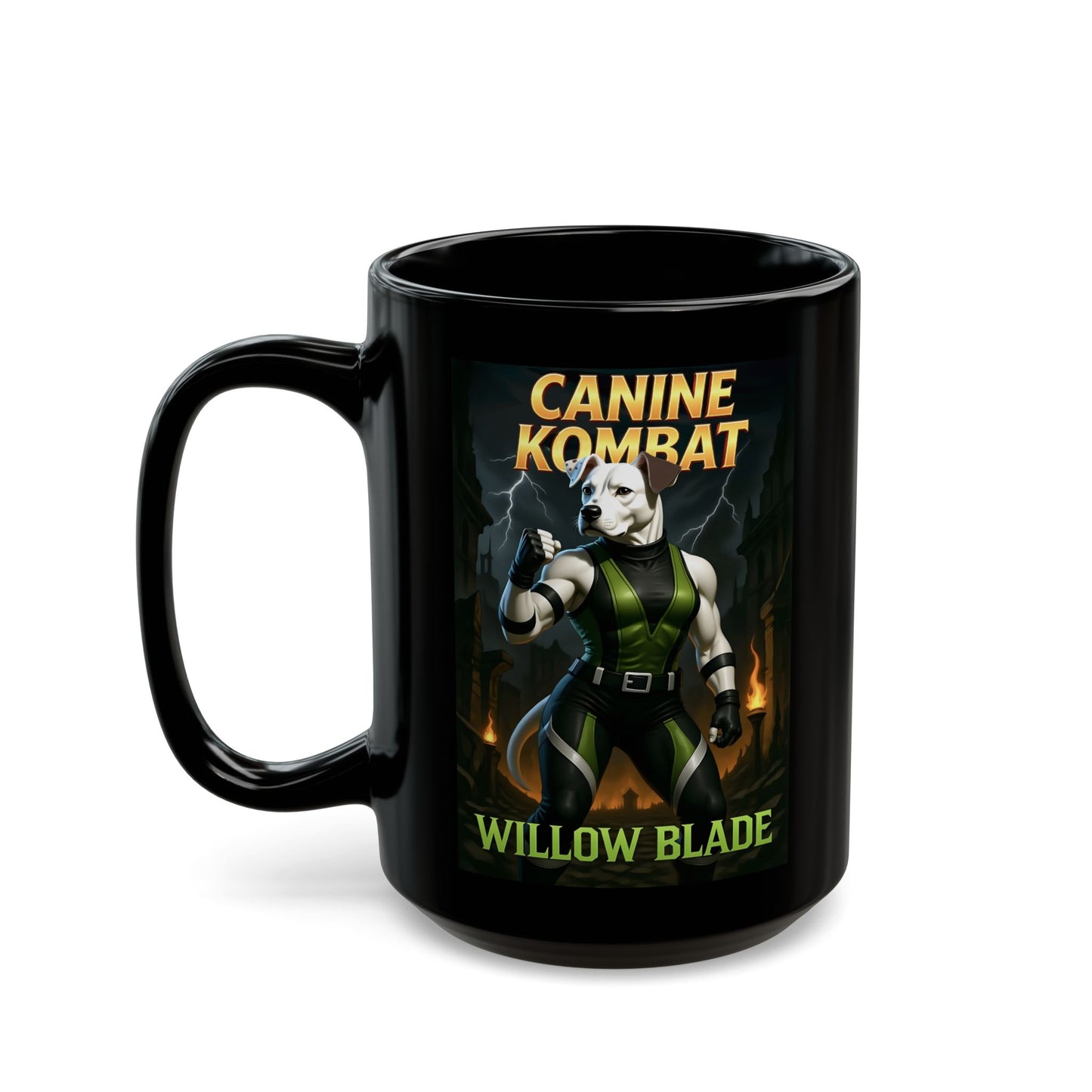 "Canine Kombat - Willow Blade" Black Mug (11oz, 15oz)